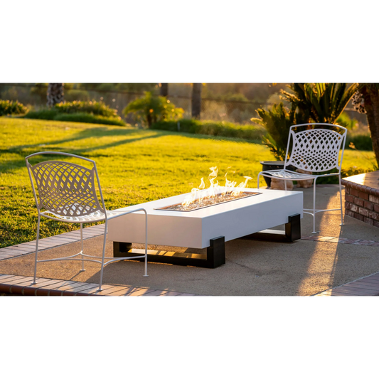 Lifestyle Baja Fire Pit with head to head white chairs