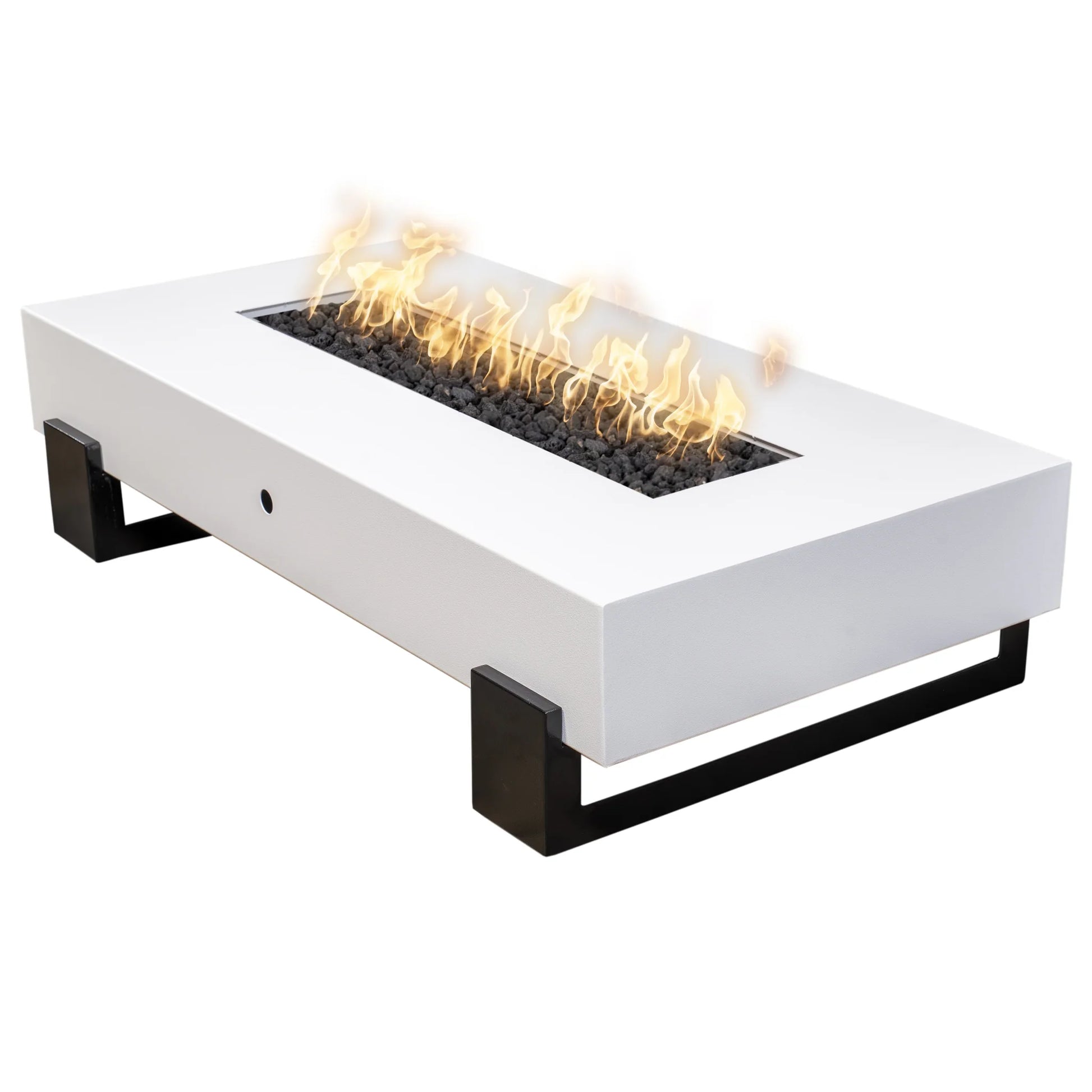 Baja rectangular powder coated steel fire pit with linear flame and low-profile design, available in multiple sizes, gas types, and ignition options