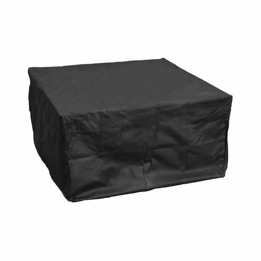 Black square fire pit cover made of weather-resistant canvas