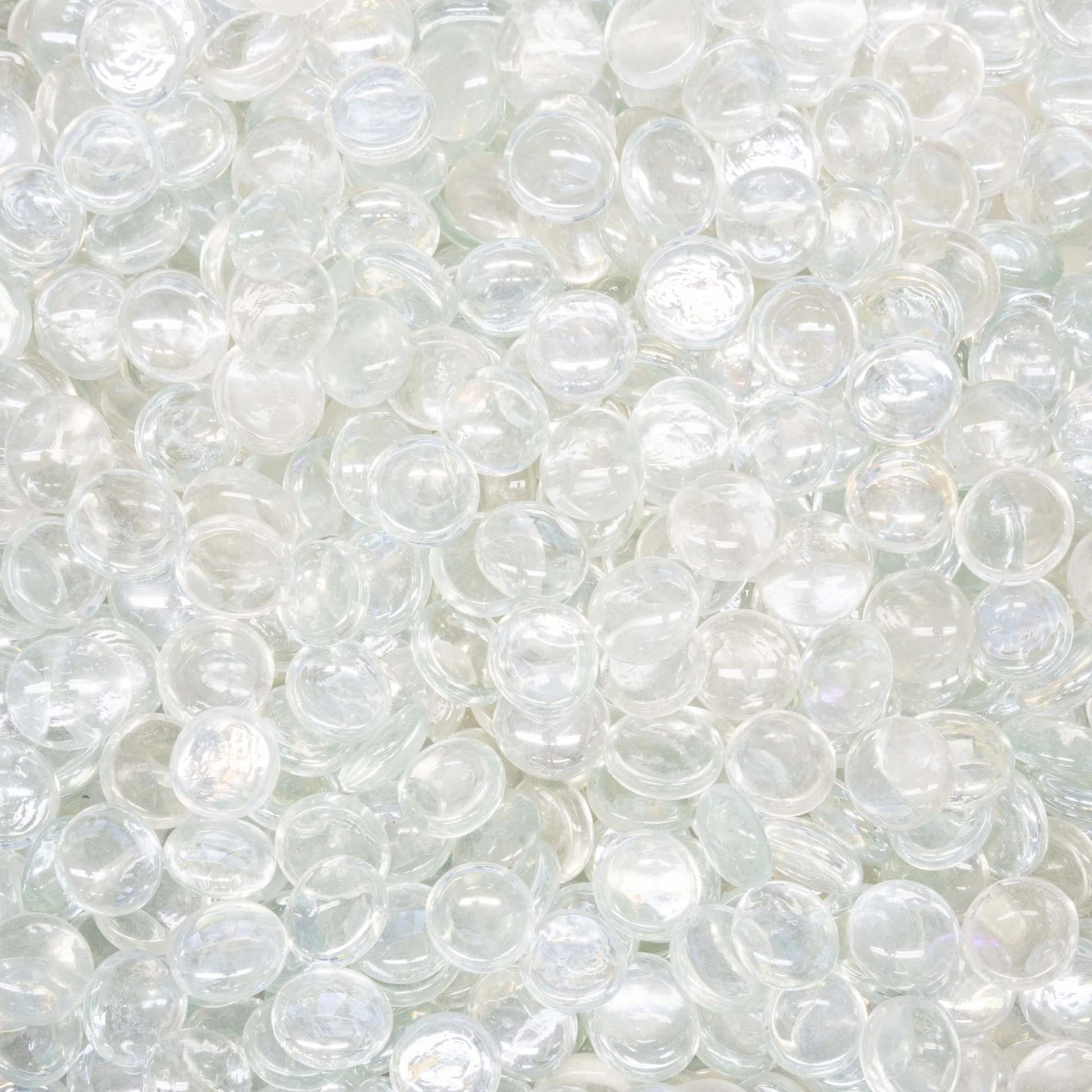 Clear Fire Pebbles – 25lb bag, 3/4" tempered glass stones.