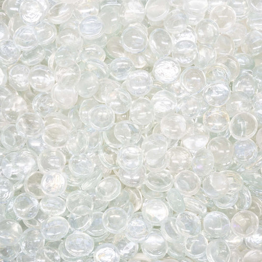 Clear Fire Pebbles – 25lb bag, 3/4" tempered glass stones.