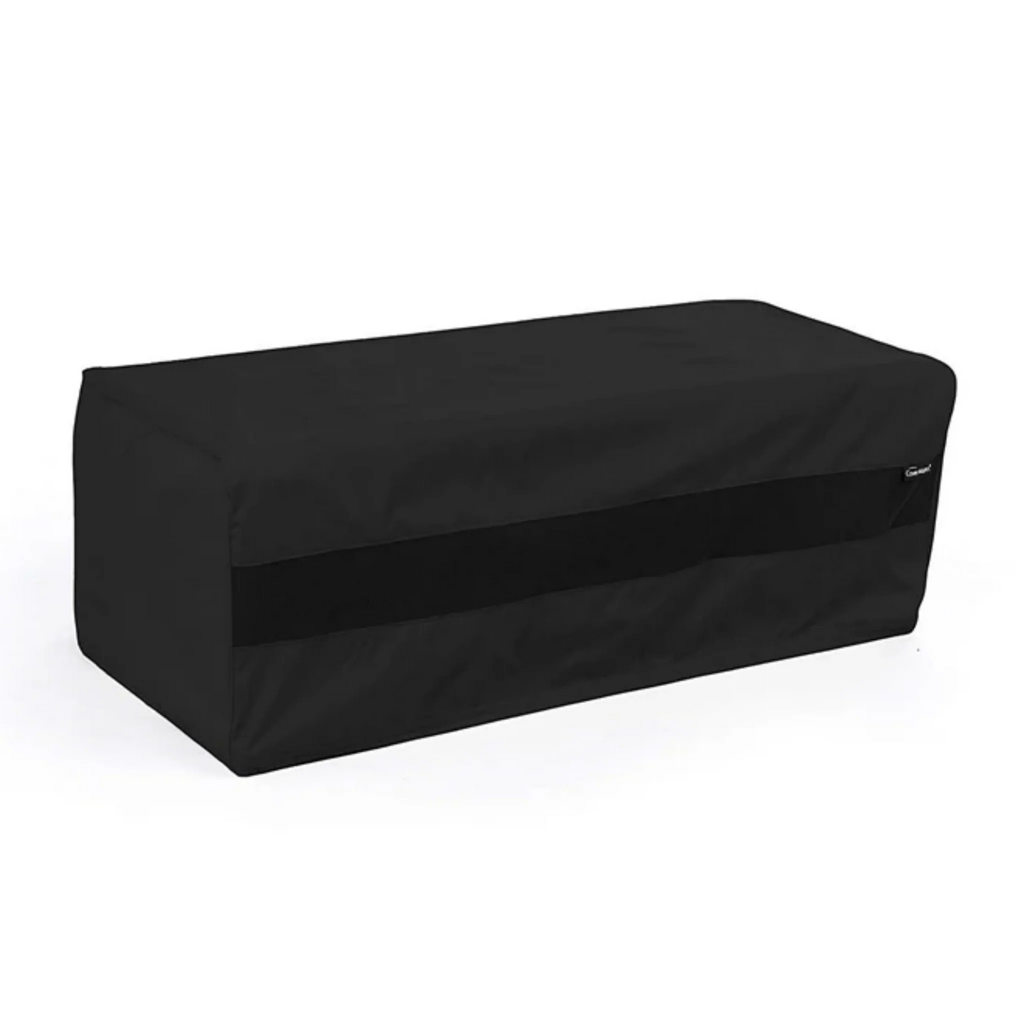 Black rectangular fire pit cover made of polyester with PVC lining, weather-resistant.