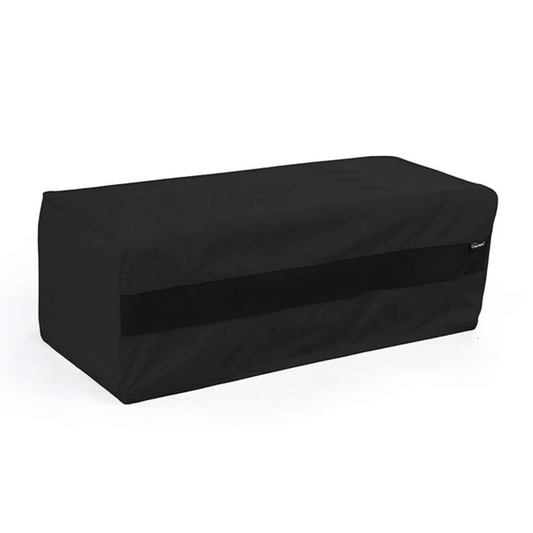 Black rectangular fire pit cover made of polyester with PVC lining, weather-resistant.