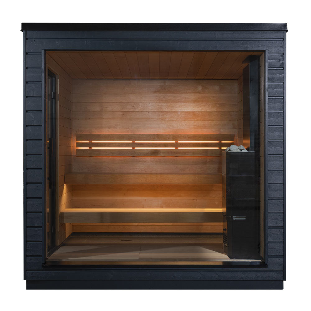 Wooden sauna with black exterior on a white background