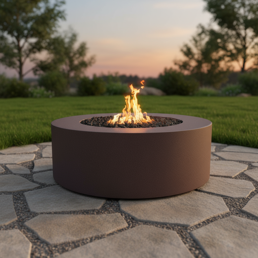 Round fire pit on a stone patio with a sunset in the background