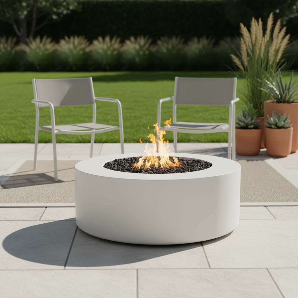 Outdoor setting with a fire pit table and chairs on a patio