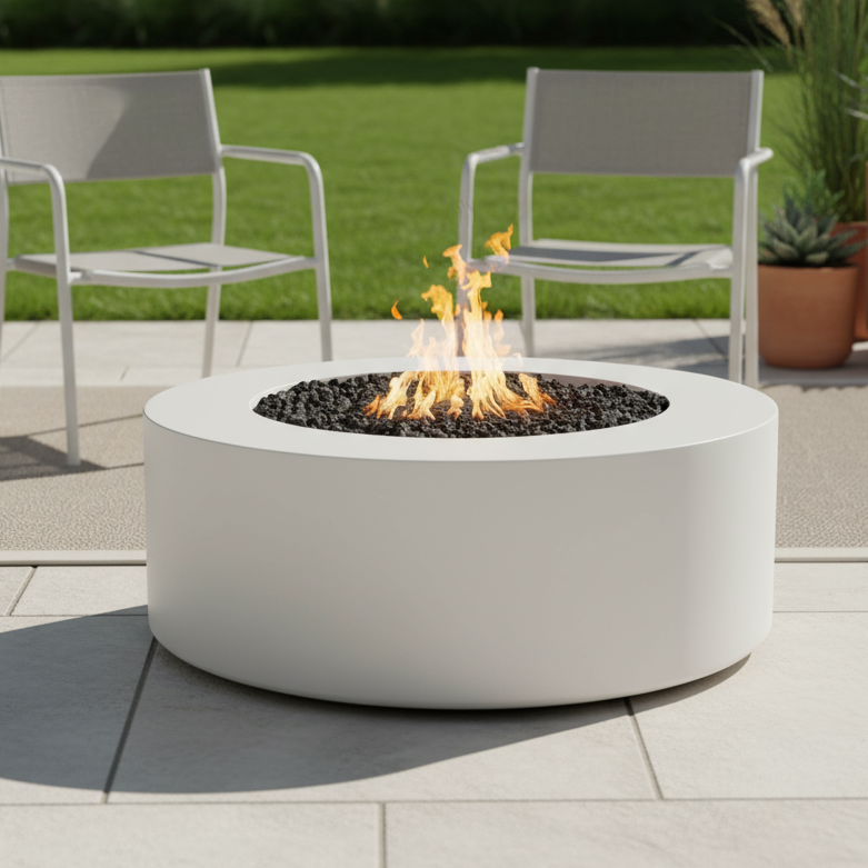 White round fire pit table with flames on a patio with chairs and plants in the background