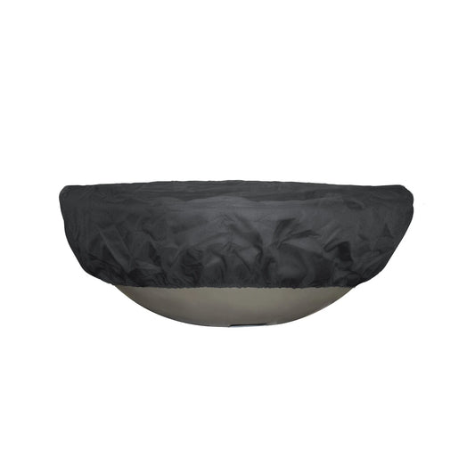 Black round fire pit cover made of weather-resistant canvas