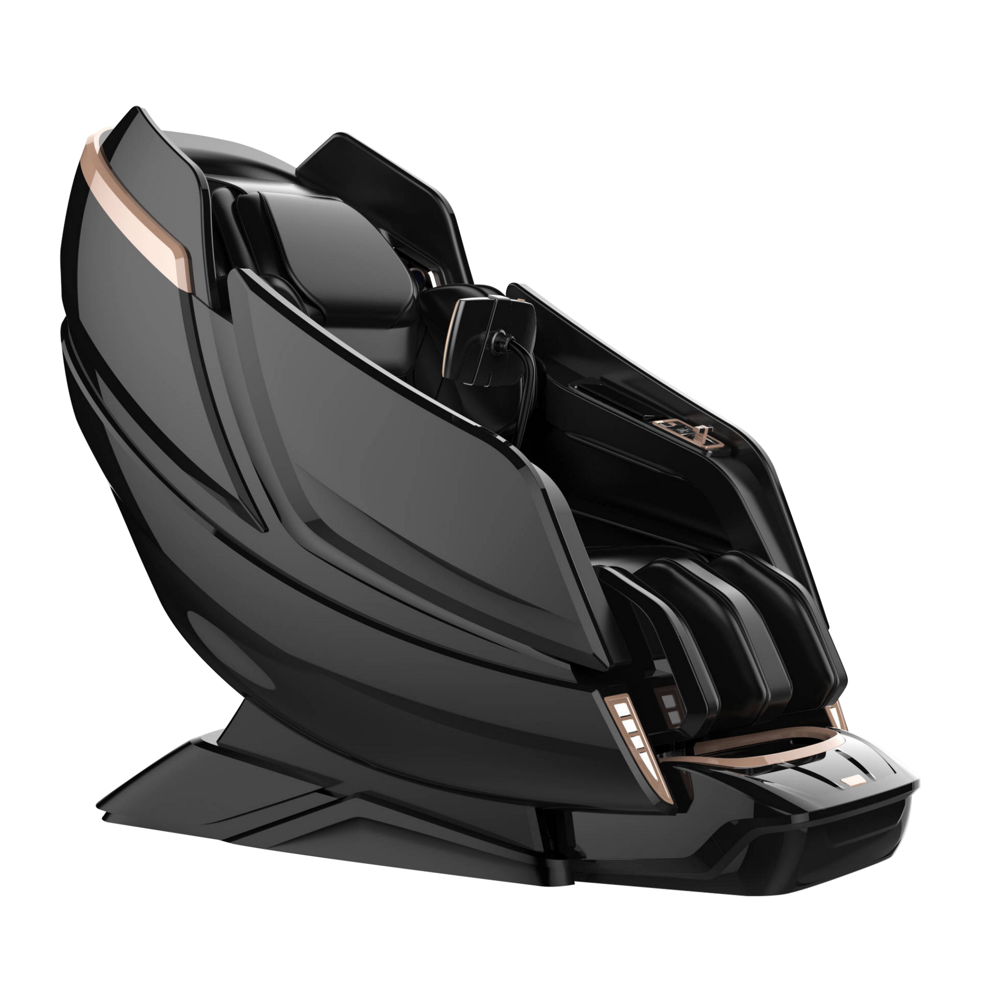 Sleek Black massage chair with accents on a white background