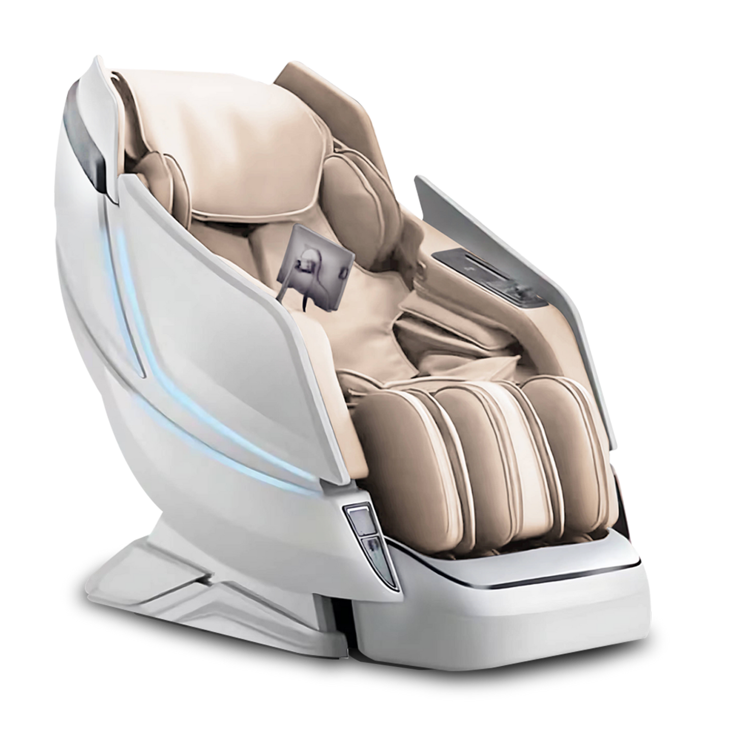 Beige massage chair with white base on a white background