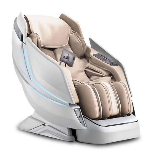 Beige massage chair with white base on a white background