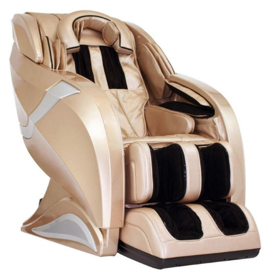 Beige and golden sleek massage chair with black accents on a white background