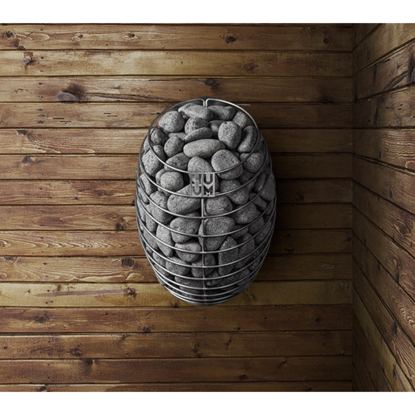 A wall-mounted electric sauna heater with a sleek, rounded design and stainless steel details, filled with sauna stones.