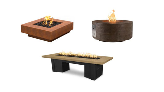 An image consisting of a square, round and rectangle fire pit table