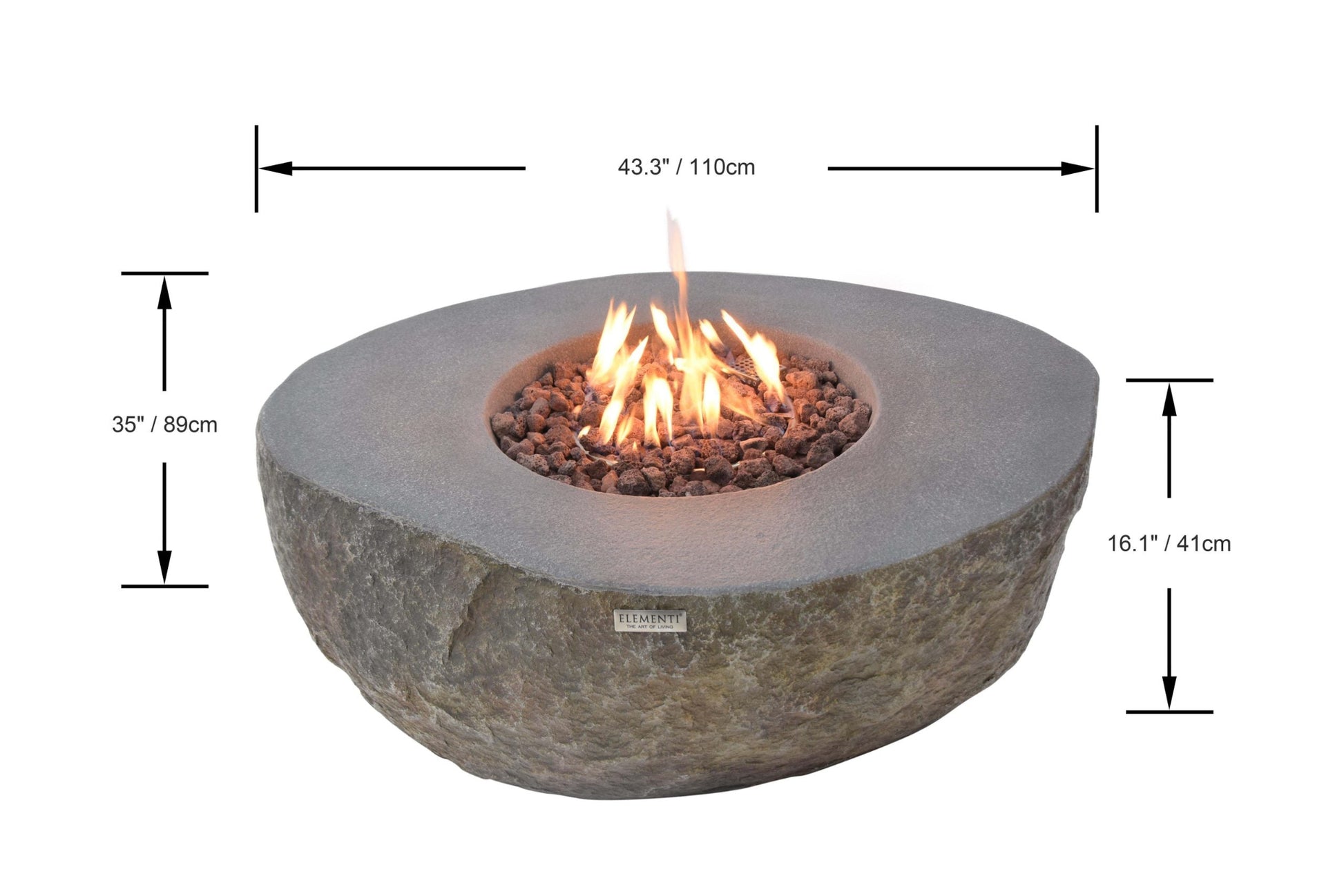 Concrete fire pit with flames and dimensions labeled on a white background