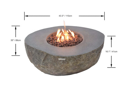 Concrete fire pit with flames and dimensions labeled on a white background