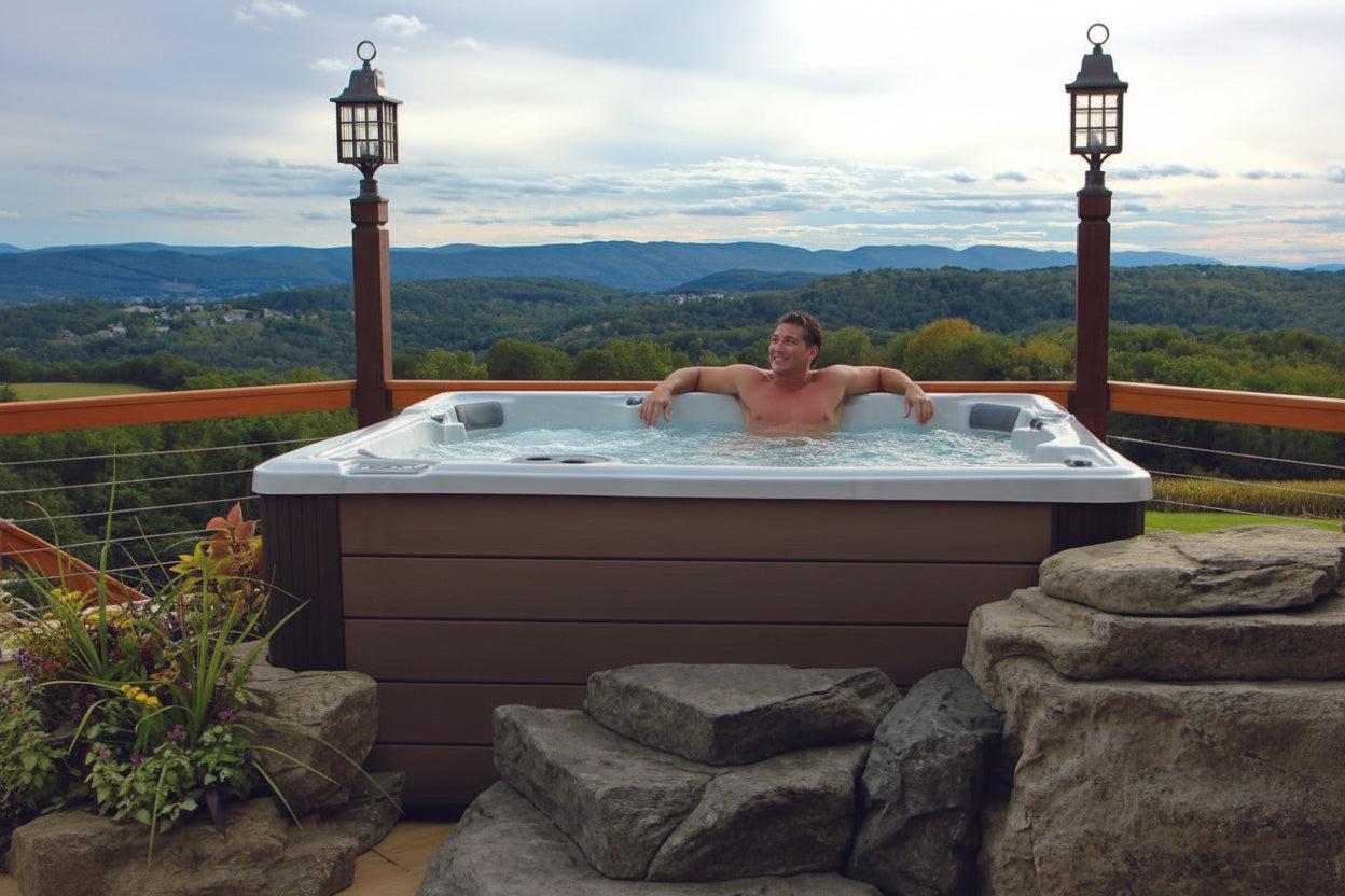 Hot tub advertisement with people relaxing in a scenic outdoor setting.
