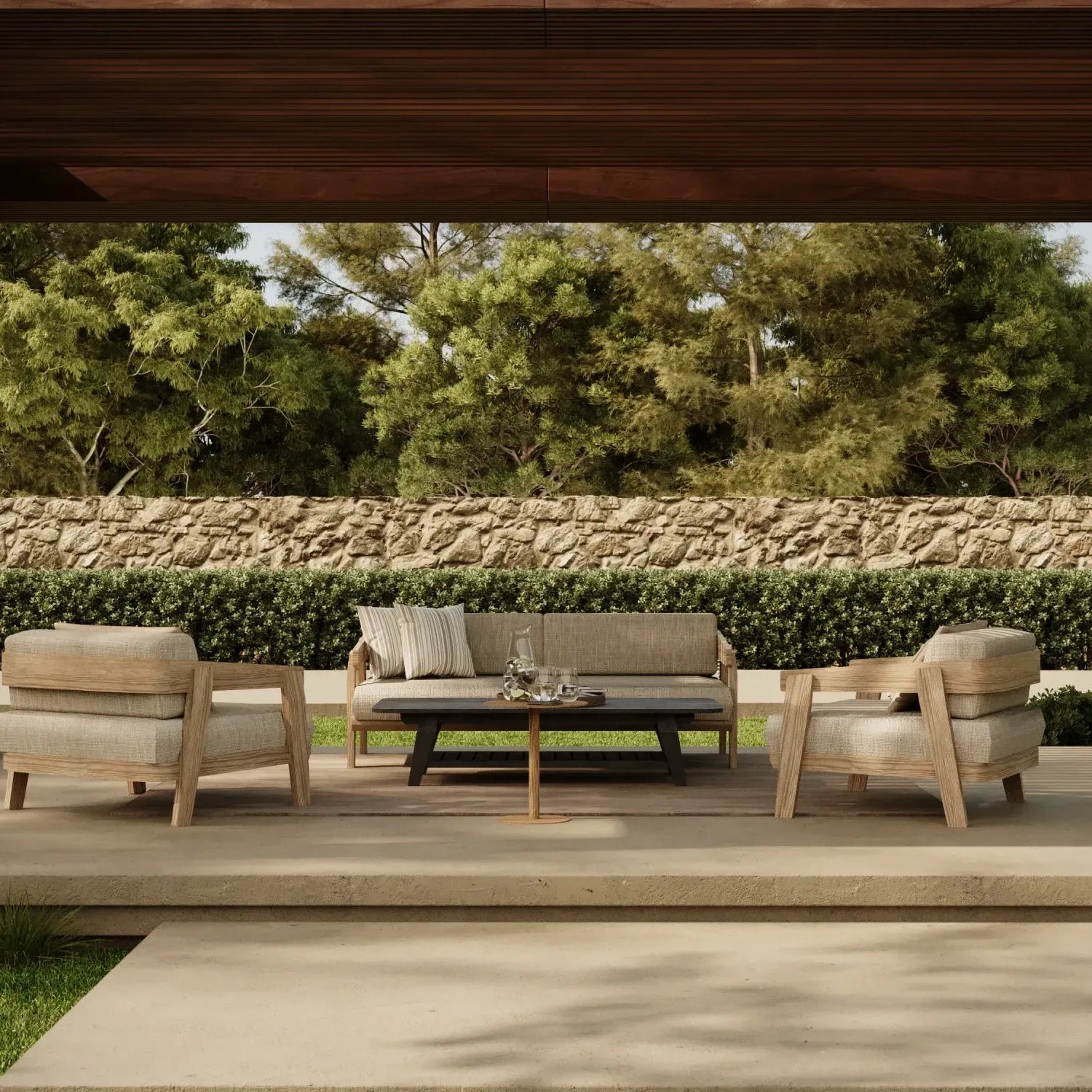 Outdoor patio set with furniture under a wooden pergola.