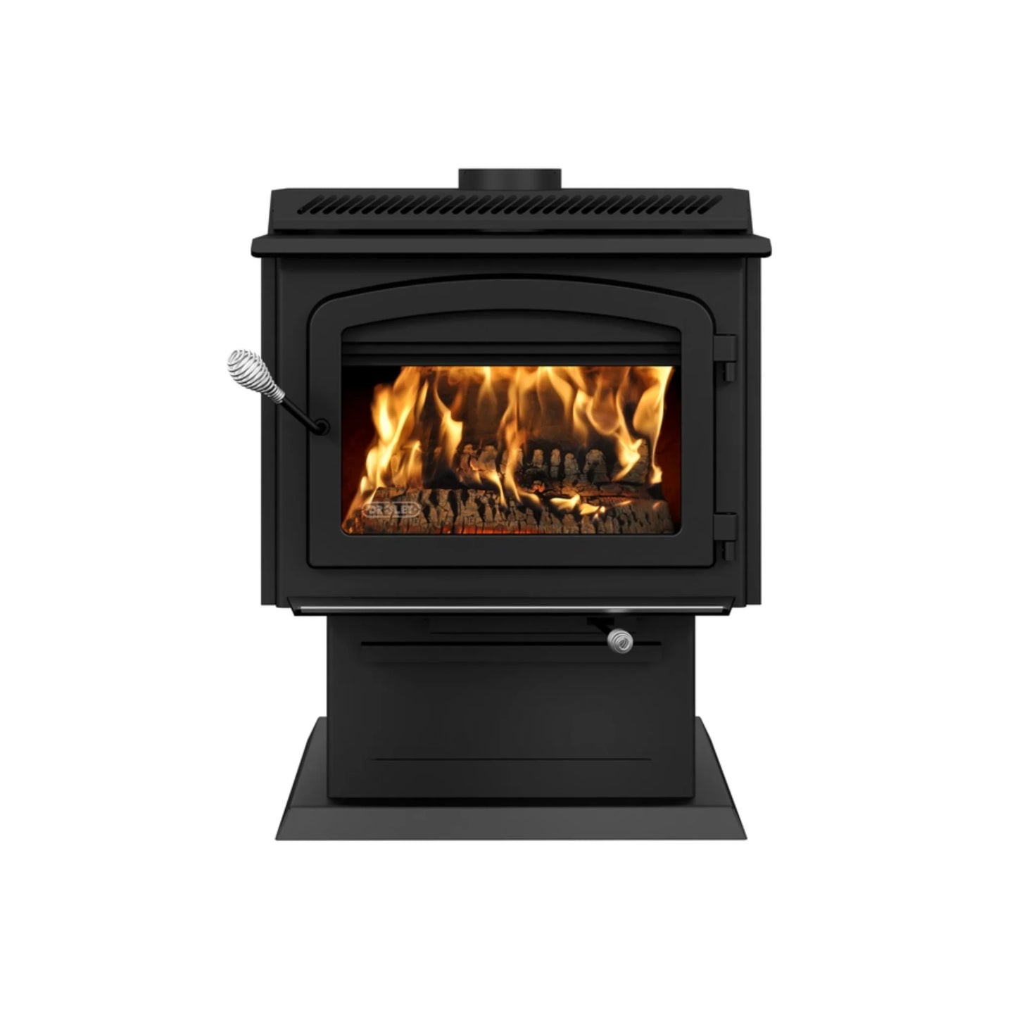 Drolet HT-3000 wood stove DB07300 — front view on pedestal (white background)