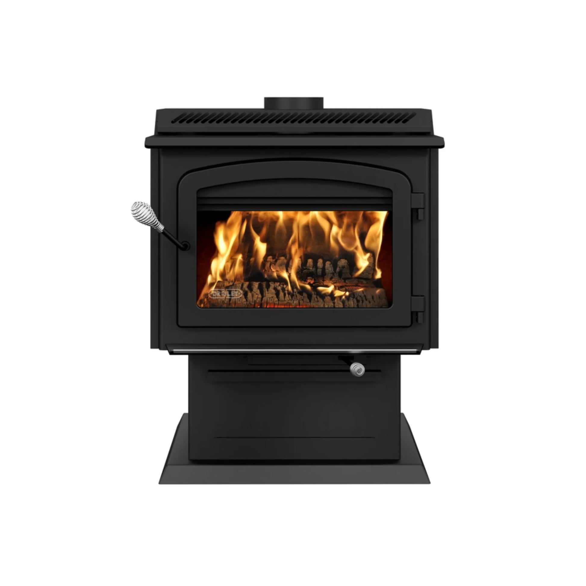 Drolet HT-3000 wood stove DB07300 — front view on pedestal (white background)