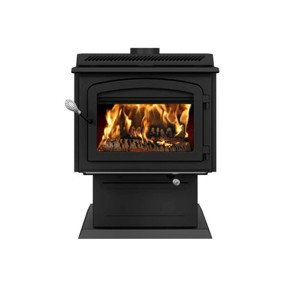 Drolet HT-3000 wood stove DB07300 — front view on pedestal (white background)