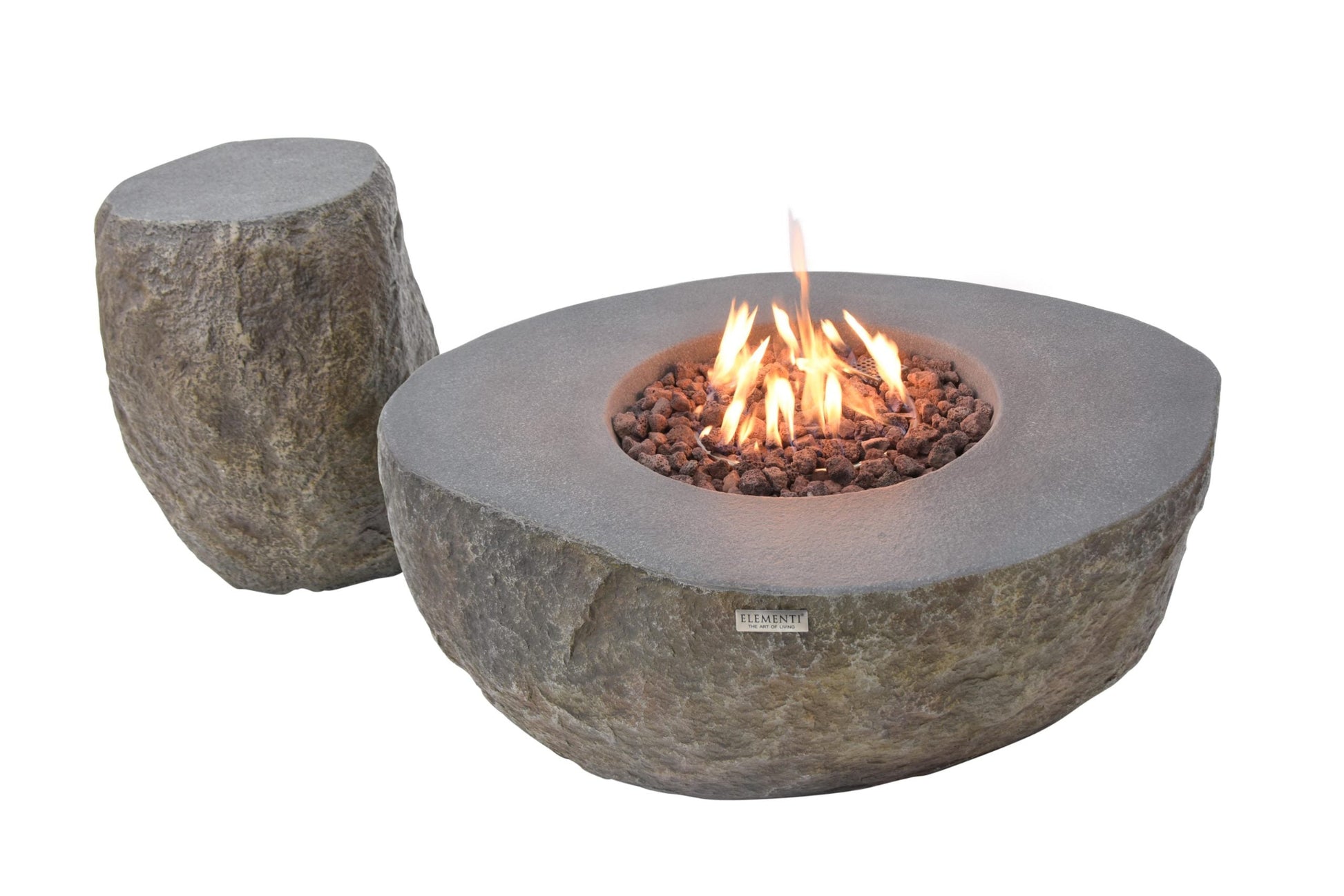 Concrete fire pit table with flames on a white background