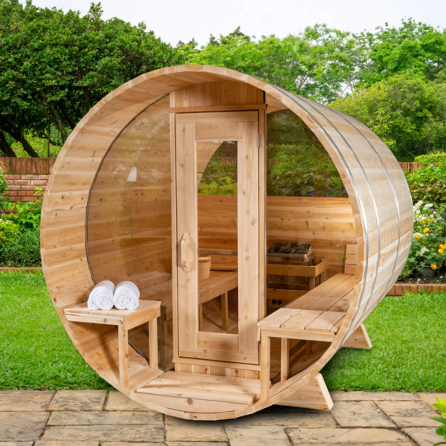 Dundalk Leisurecraft Serenity MP Barrel Sauna cedar outdoor design with glass door