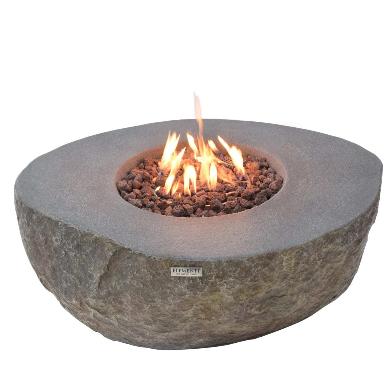 Concrete fire pit with flames on a white background