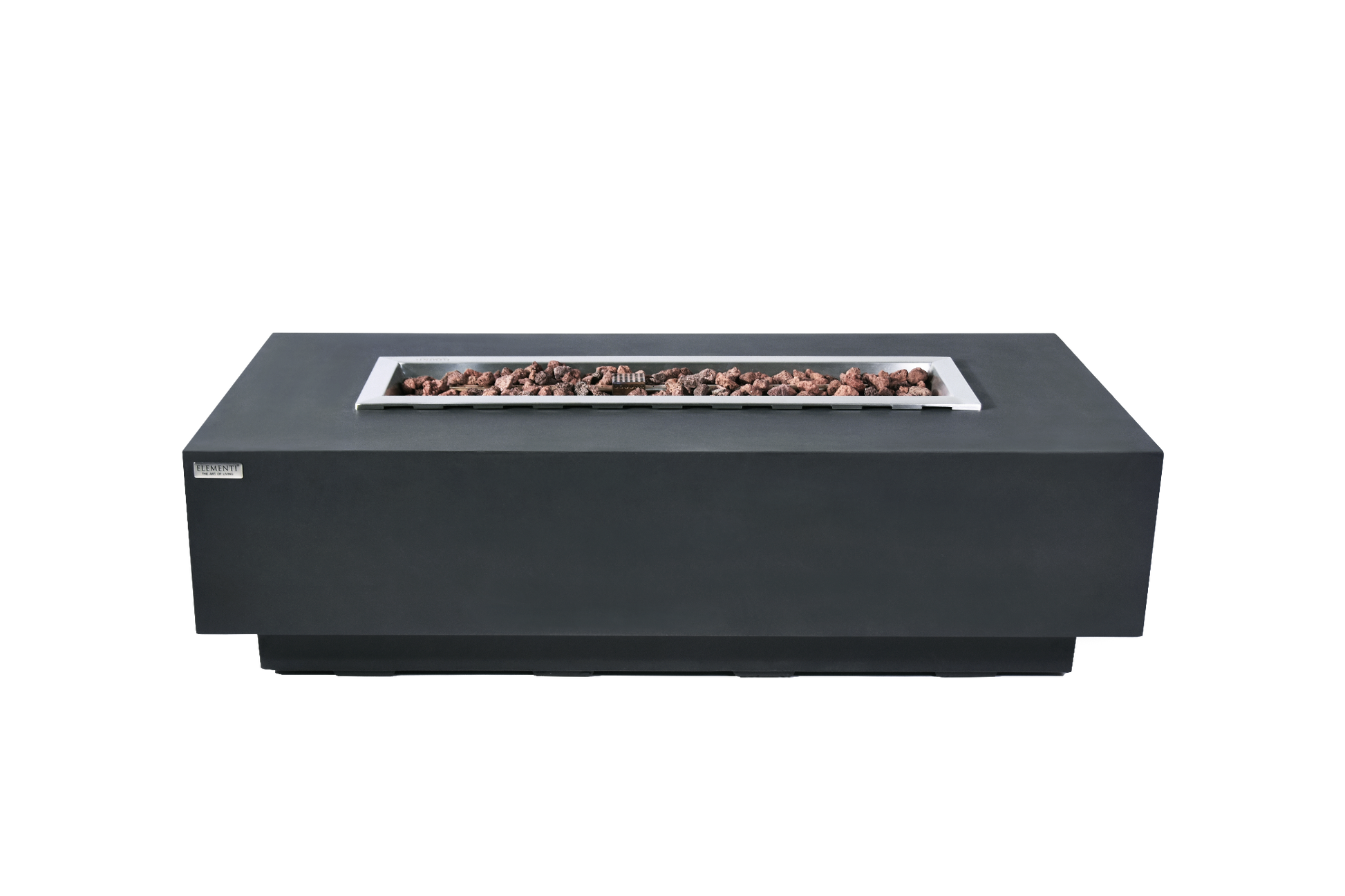 Rectangular fire pit table with a fire burning inside on a white background