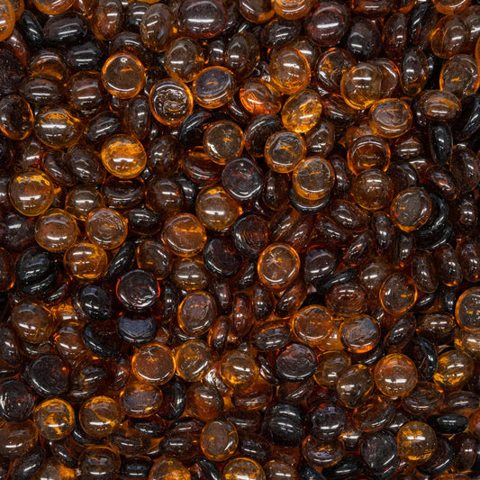 Root Beer Pebbles – 25lb bag, 3/4" tempered glass stones.