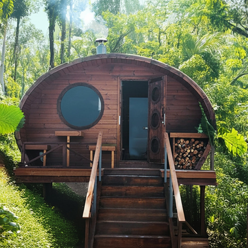 Wooden barrel-shaped cabin in a lush green forest