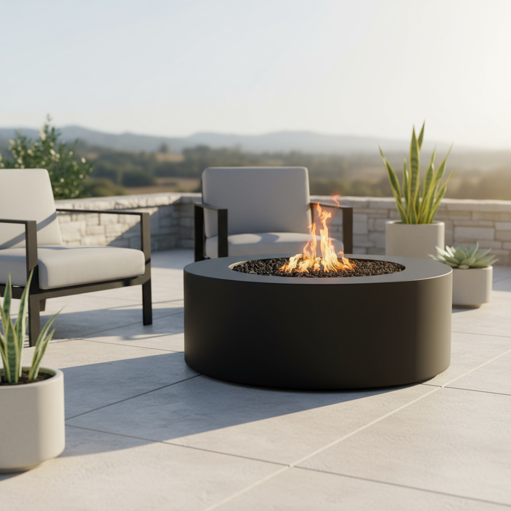 Outdoor patio with a black round fire pit table, chairs, and potted plants on a sunny day.