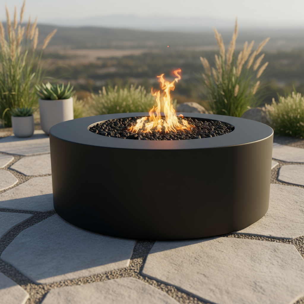Black fire pit with flames on a stone patio with plants and a scenic background
