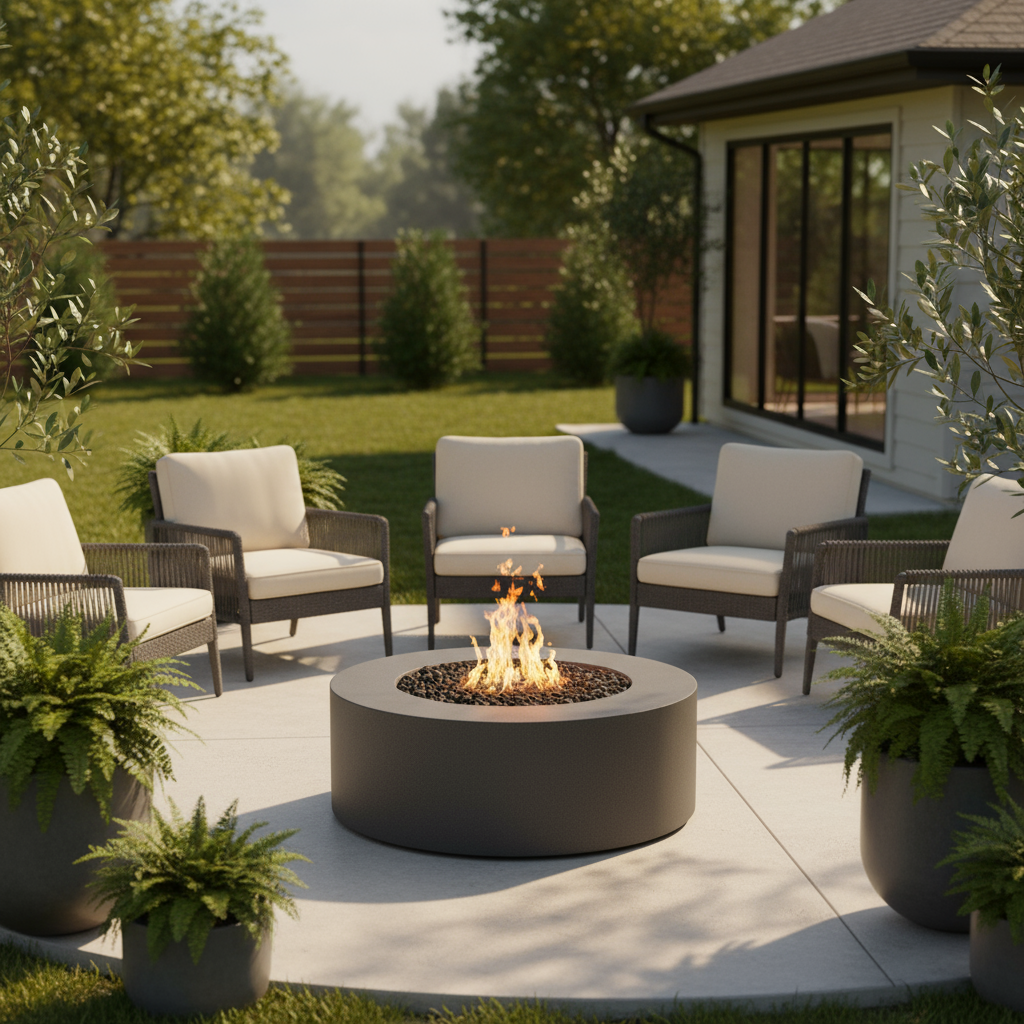 Outdoor patio with fire pit, chairs, and potted plants in a garden setting.