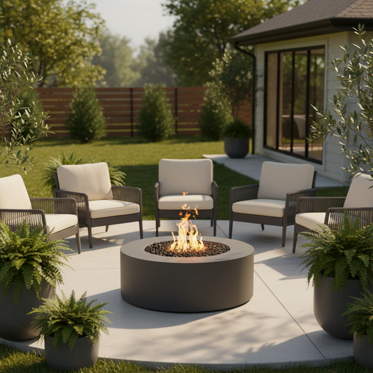 Outdoor patio with fire pit, chairs, and potted plants in a garden setting.