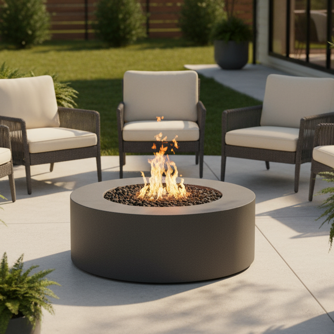 Outdoor patio setting with fire pit and chairs on a sunny day