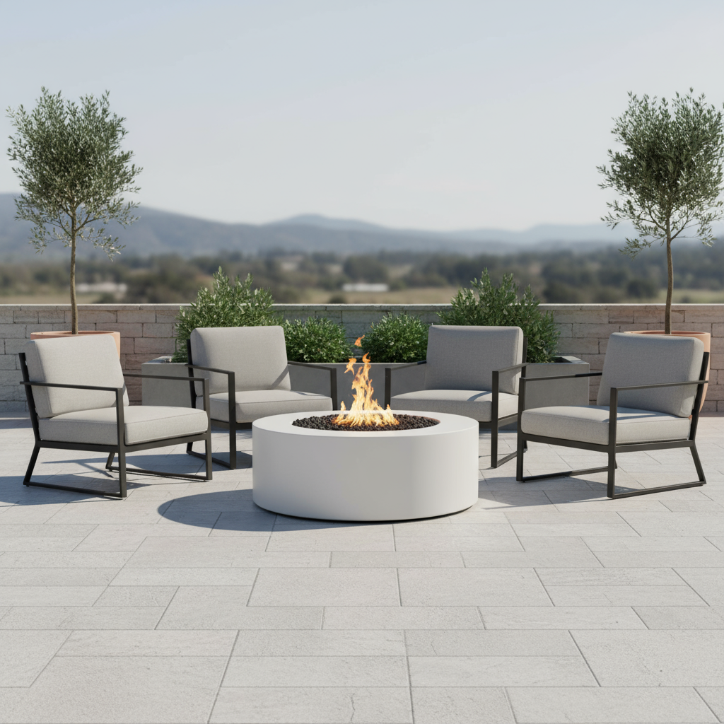 Outdoor patio set with fire pit on a paved area with trees and mountains in the background