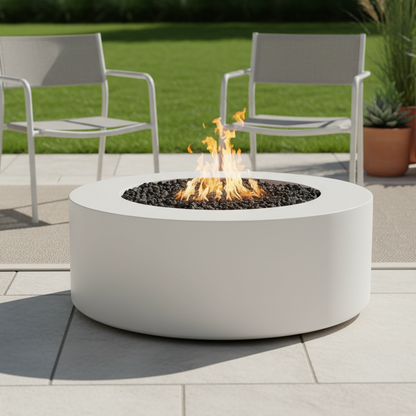 White round fire pit table with flames on a patio with chairs and plants in the background