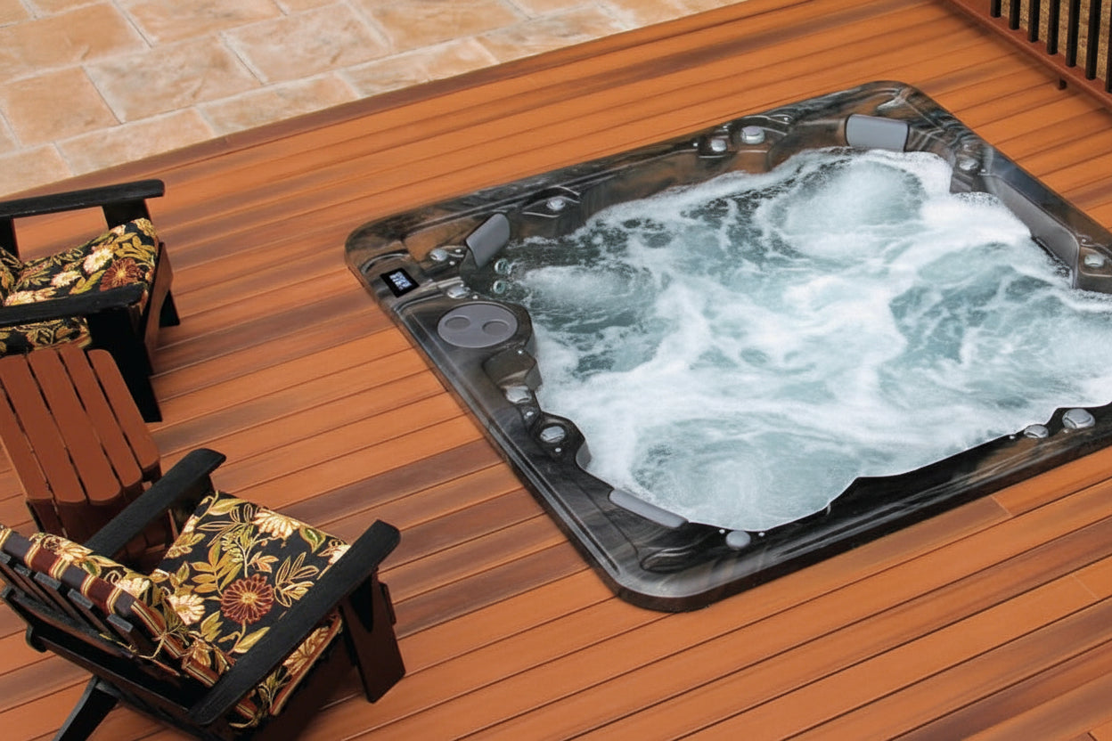 Person wrapped in a towel standing next to a hot tub on a wooden deck, with 'PowerFlo' branding visible.