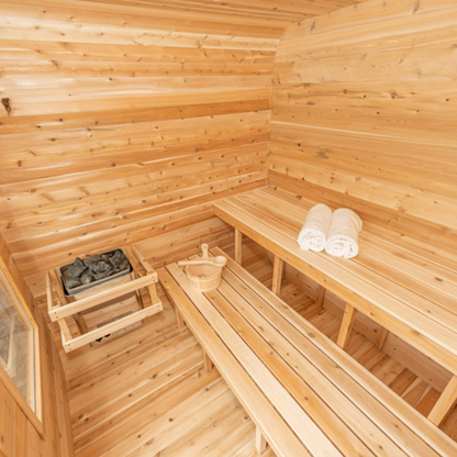 Canadian Timber Luna Sauna interior seating and Eastern White Cedar walls