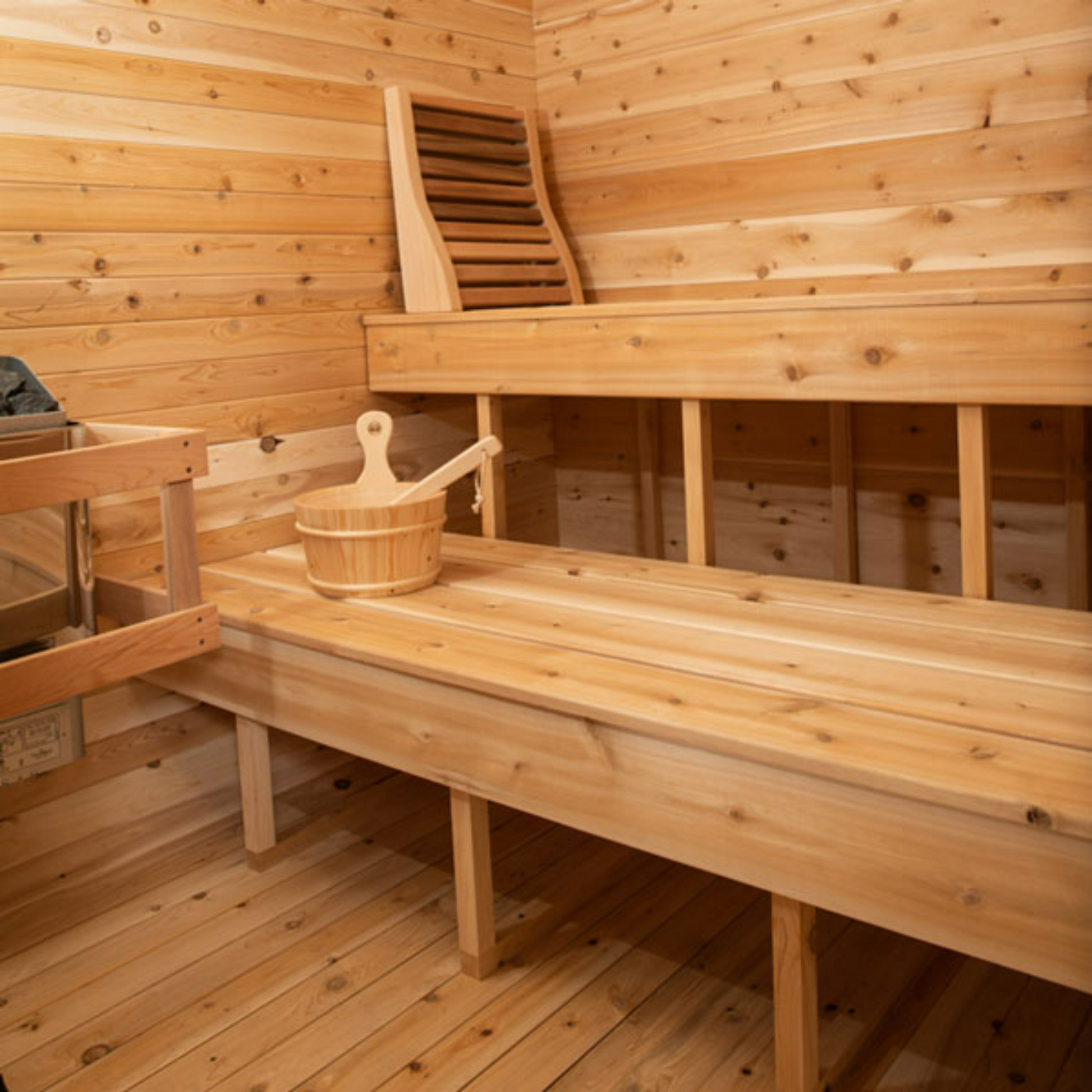 Interior of Dundalk LeisureCraft Luna Sauna showing cedar benches and wood finish
