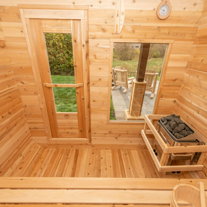 Dundalk Luna Sauna interior with large front window and cedar construction