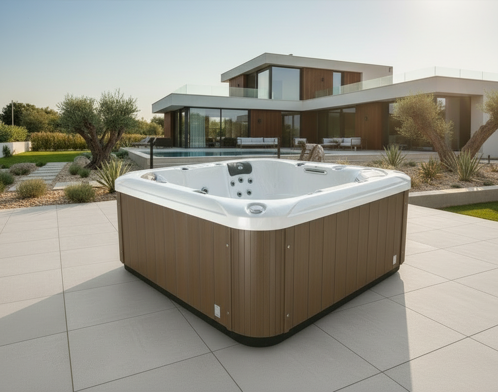 Liberty Spa LYS5000 6-person hot tub ideal for Airbnbs and short-term rentals with deep seating and hydrotherapy jets with airbnb in the background