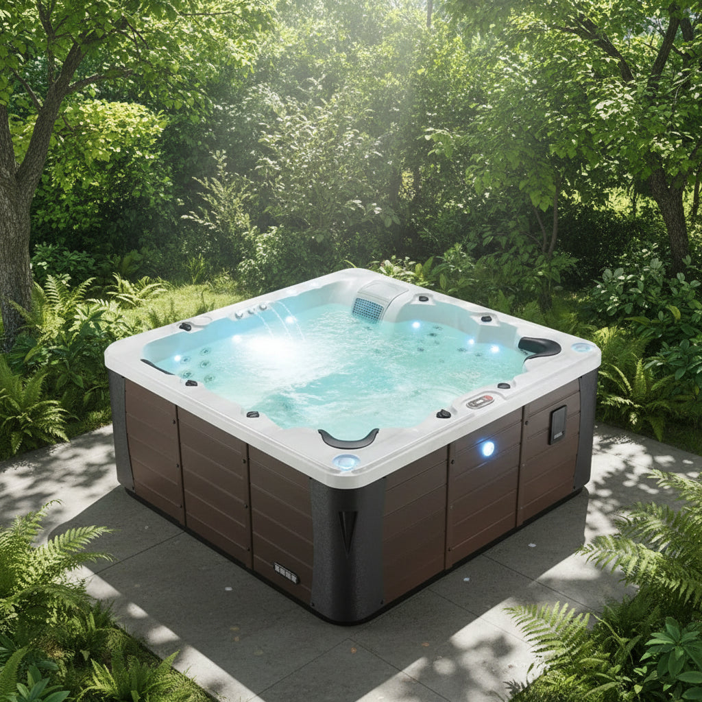 Hot tub with illuminated interior outdoors