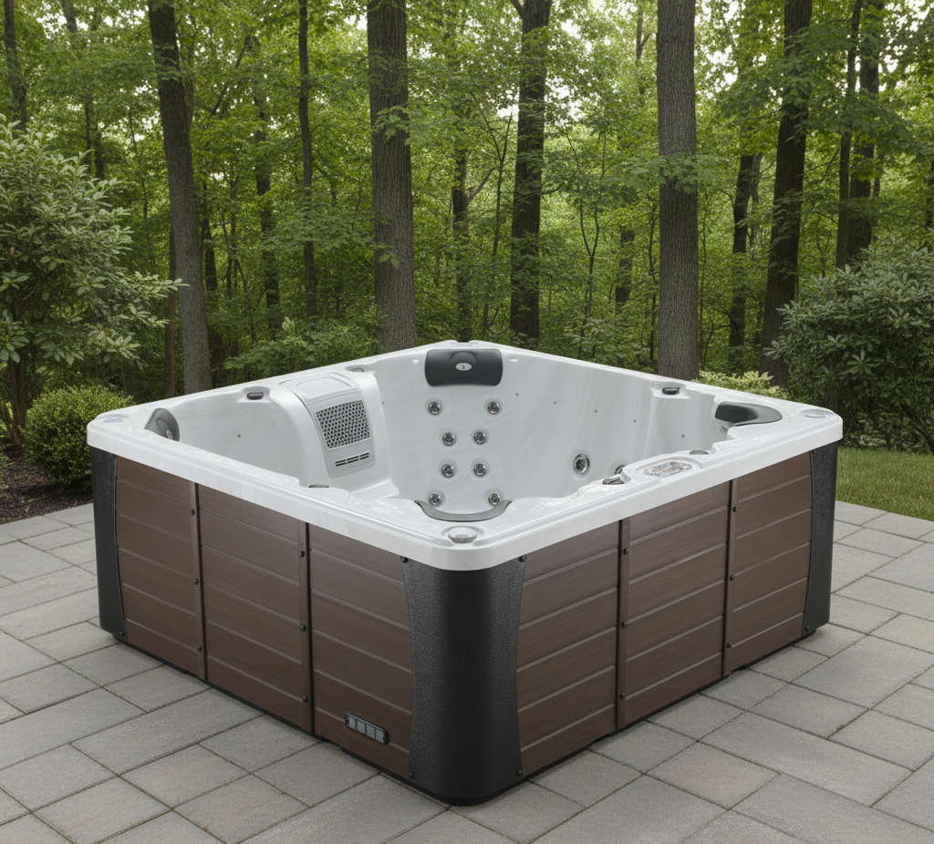 Hot tub on a patio with a forest background