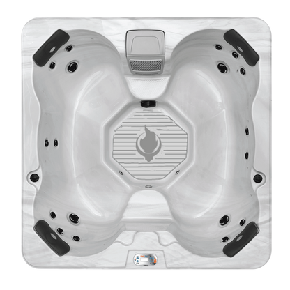Top view of LYS4500 hot tub showing multilevel corner seating and adjustable jet layout