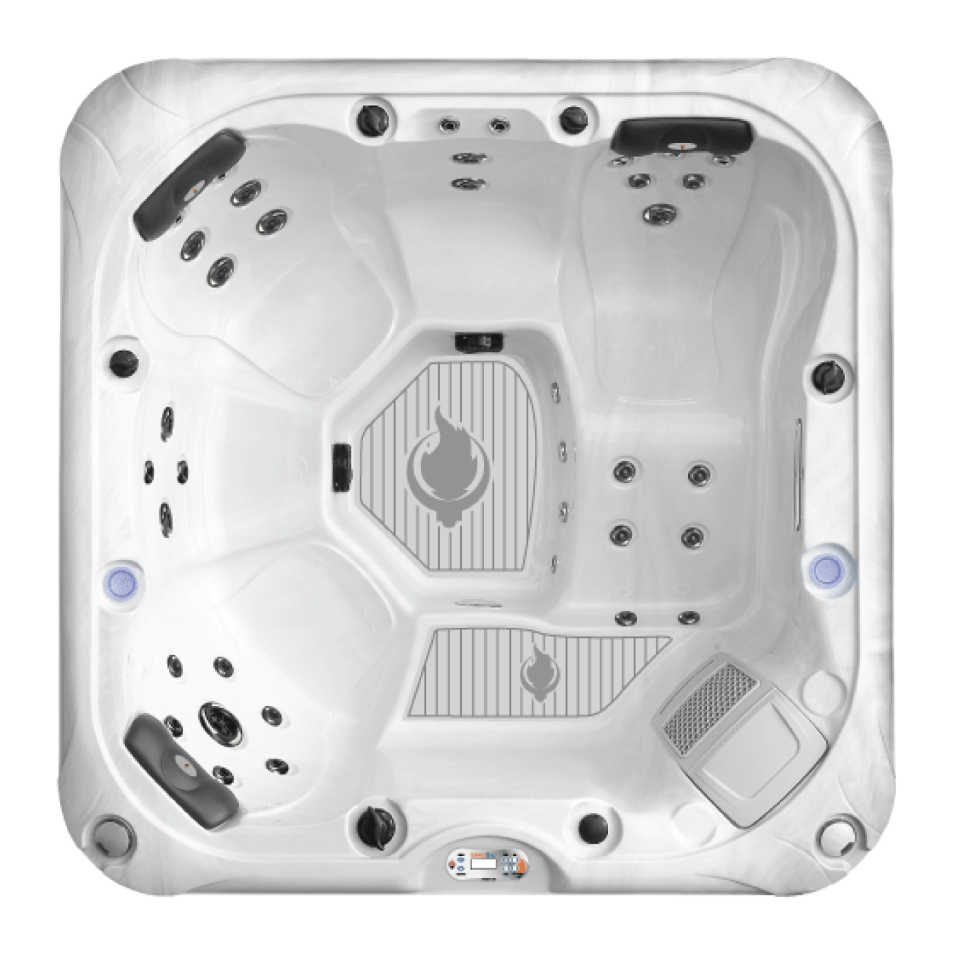 Top view of LYS5000 hot tub showing seating layout, lounger, and jet placement for STR and Airbnb use