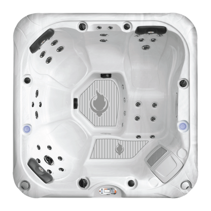 Top view of LYS5000 hot tub showing seating layout, lounger, and jet placement for STR and Airbnb use
